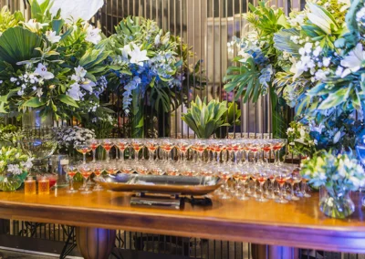 Flower and cocktail presentation at a formal party.